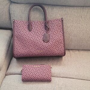 Michael Kors Plum Patterned Tote and Matching Wallet
